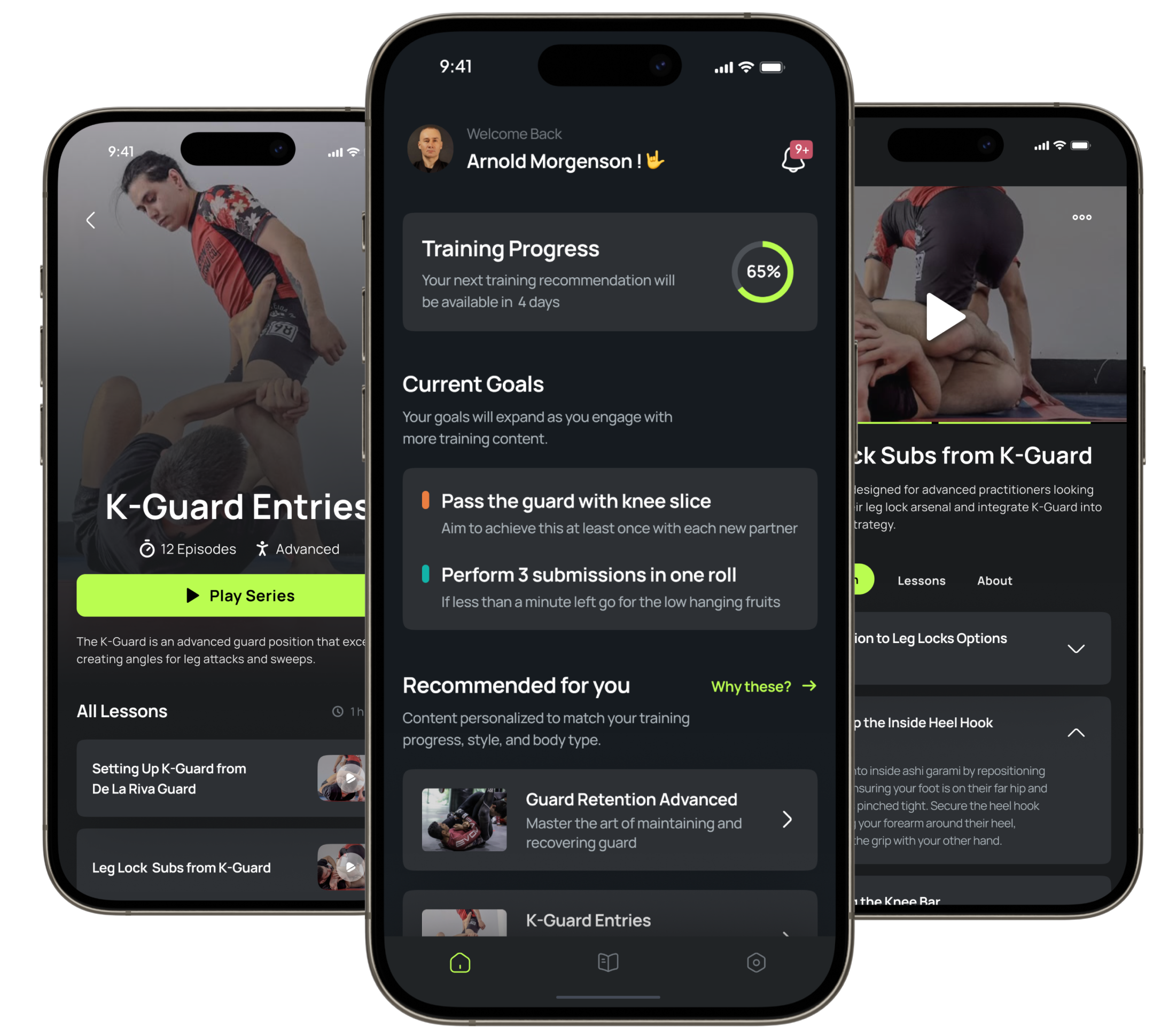 RollIQ preview showing training goals and technique lessons